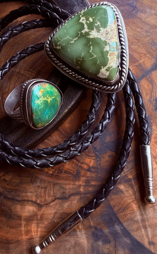 Royston Turquoise Bolo Tie & Shadowbox Ring by Bootleg Silver Co – view 2