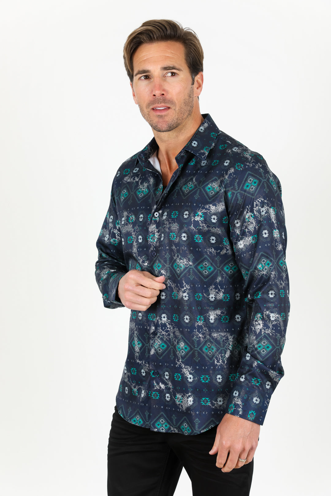 Modern Fit Stretch Foiled Shirt - Navy