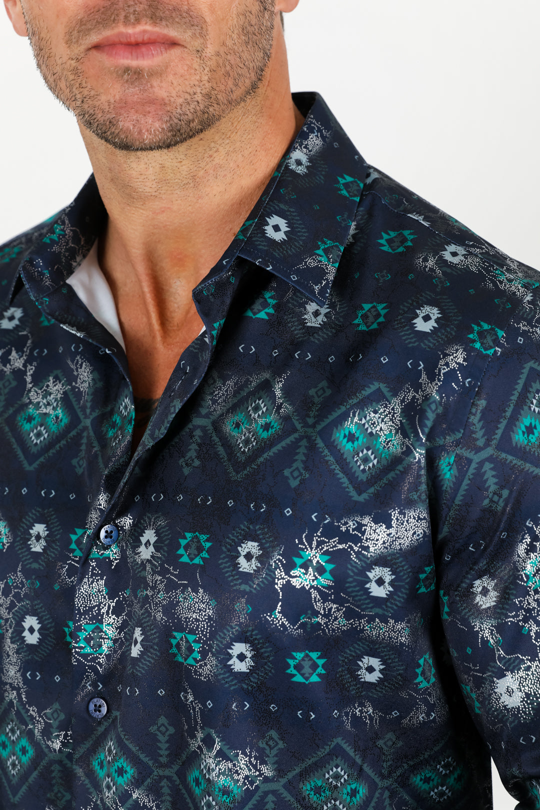 Modern Fit Stretch Foiled Shirt - Navy