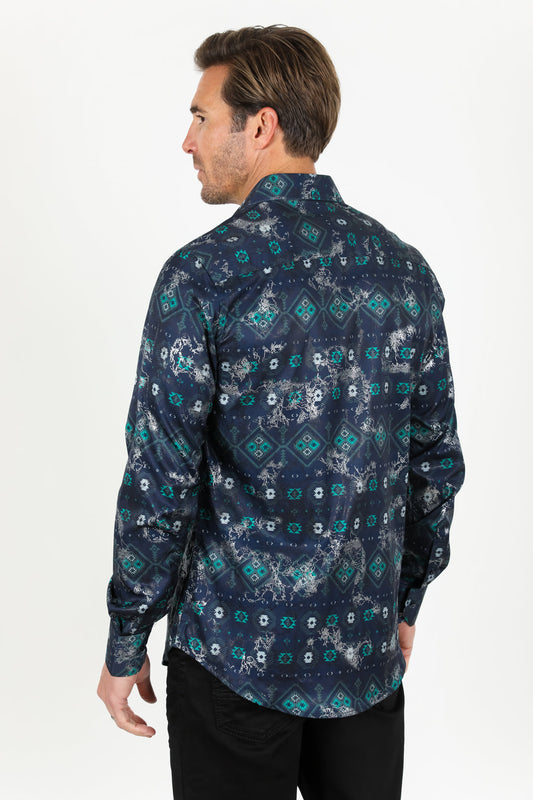 Modern Fit Stretch Foiled Shirt - Navy