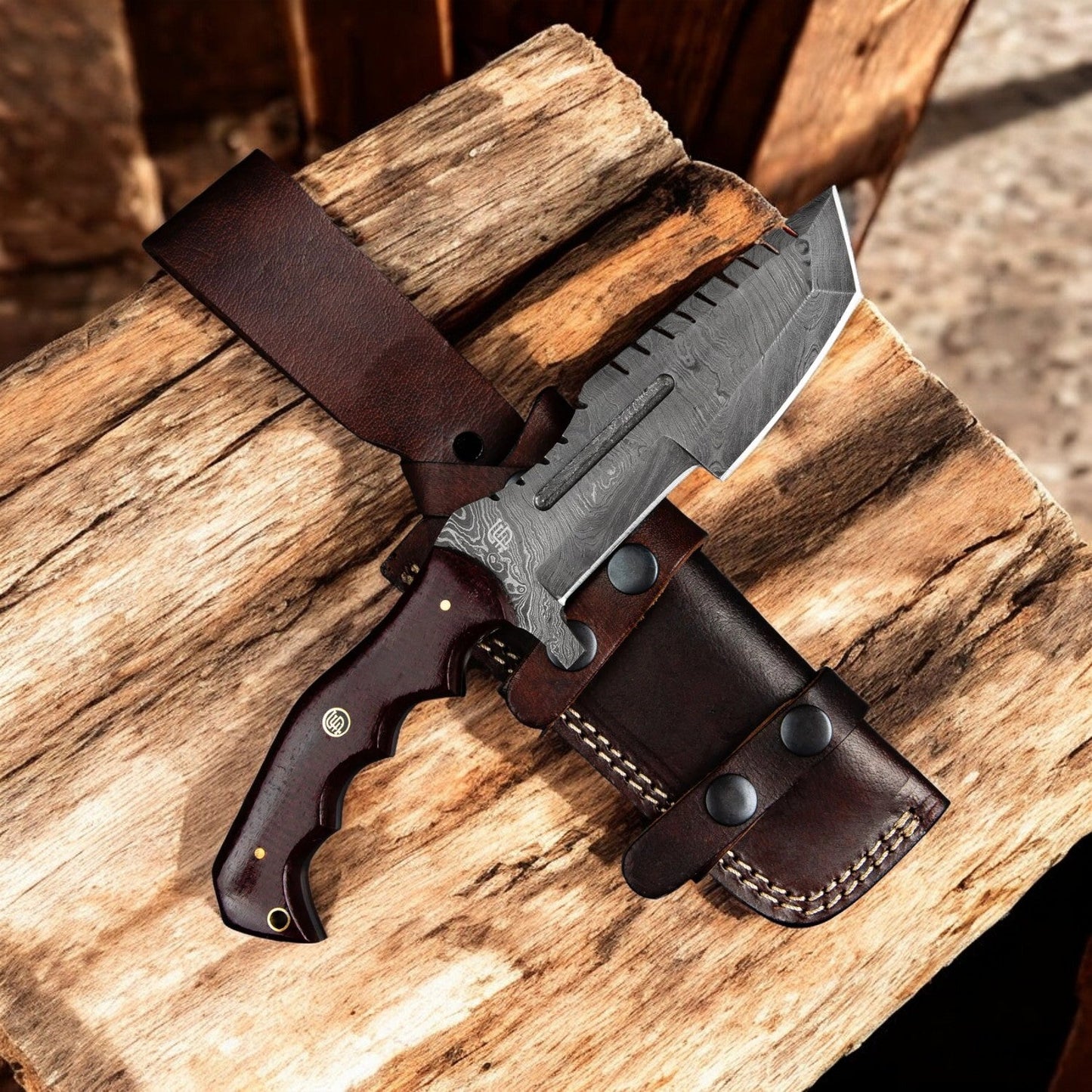 Knife with leather sheath on a wooden surface