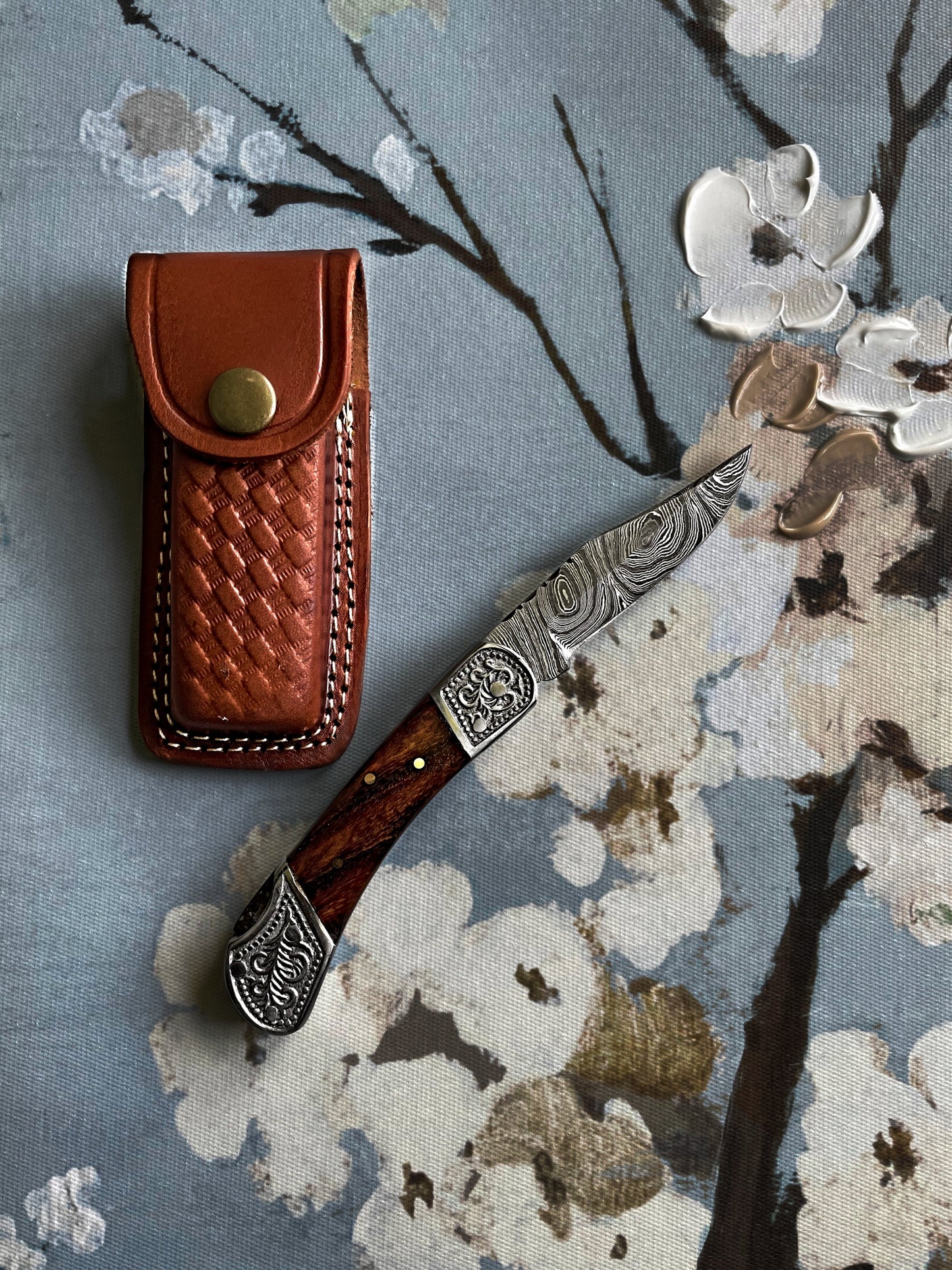 Walnut Damascus Steel 6.5" Pocket Knife Bolster Back TF-010