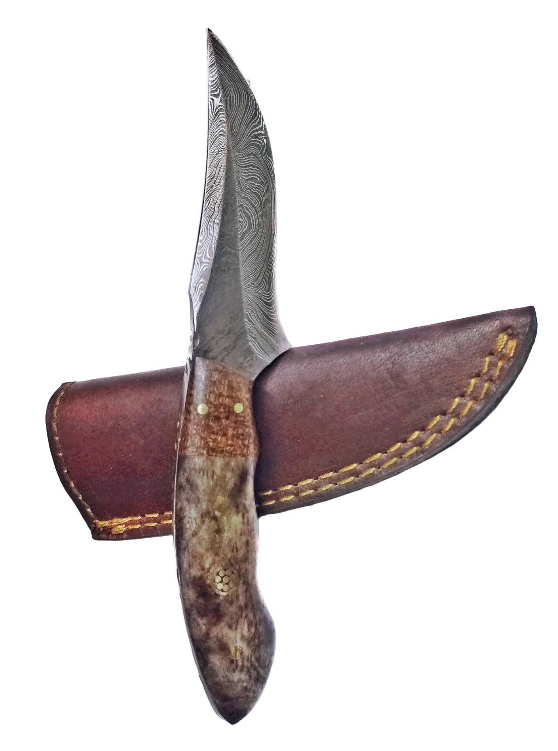 Decorative knife with a brown handle and leather sheath on a white background, featuring Titan International Knives logo.