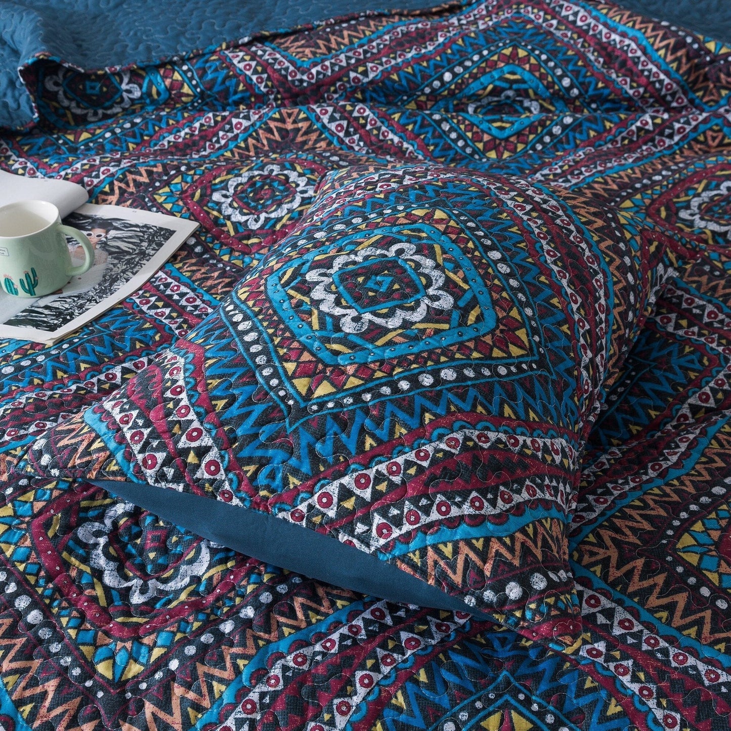 Farmhouse Bohemian Native Rustic Navy Blue Geometric Diamond Shapes Bedspread Set