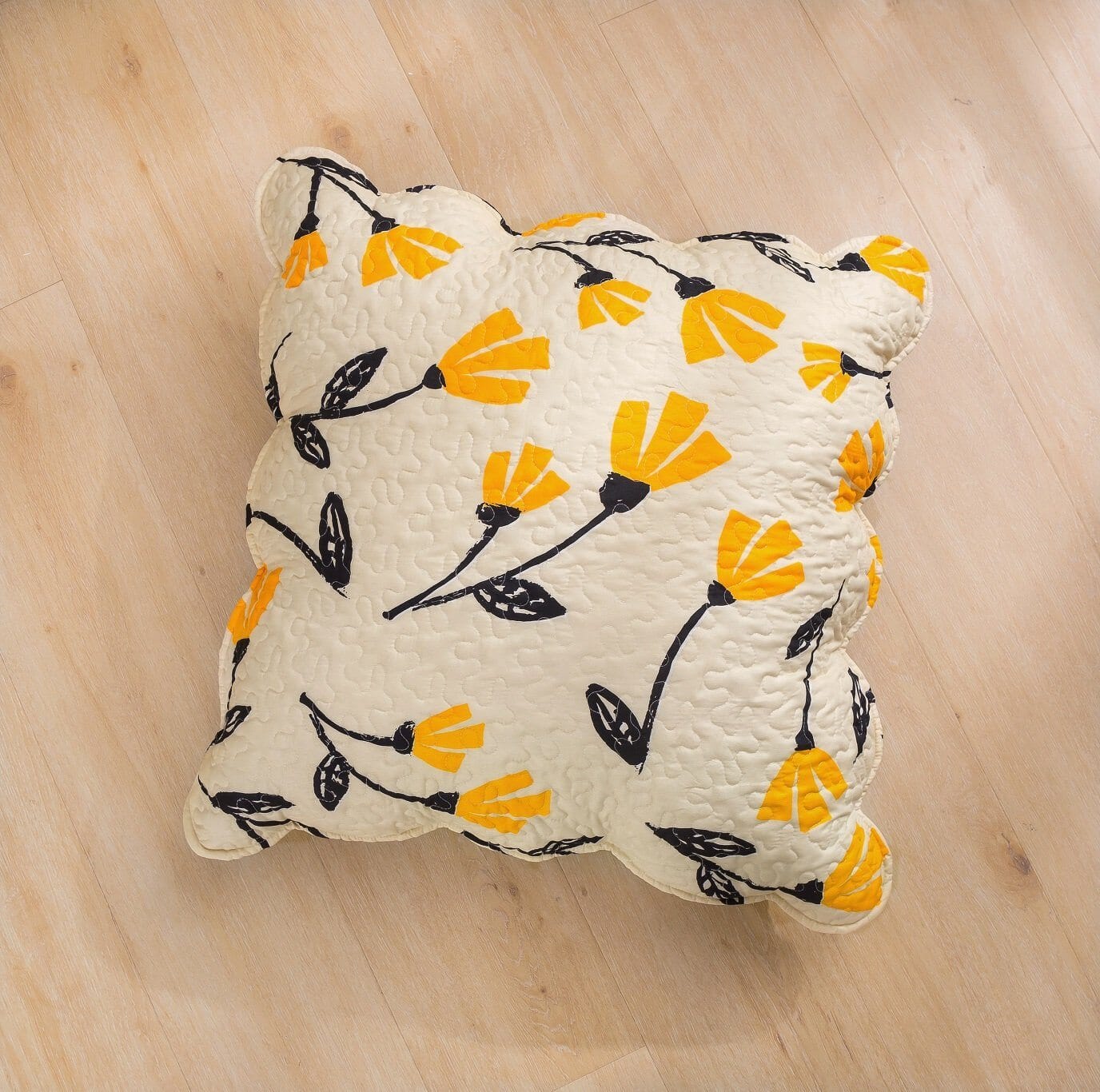 Yellow Fleur Floral Golden Orange Ivory Cream Scalloped Euro Pillow Sham Cover