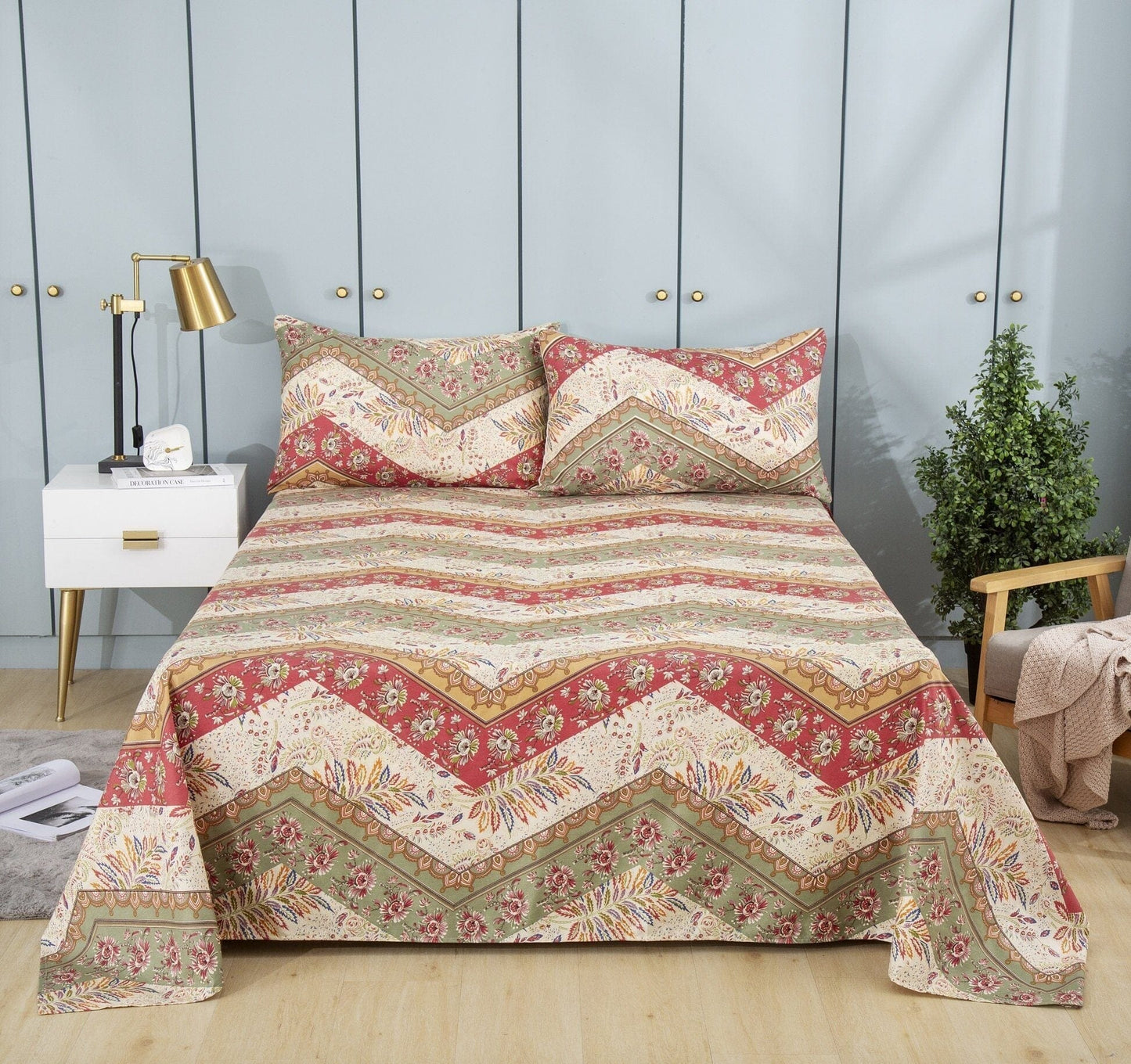 Botanical Cranberry Sage Chevron Floral Flat Bed Sheet w/ Pillowcases
