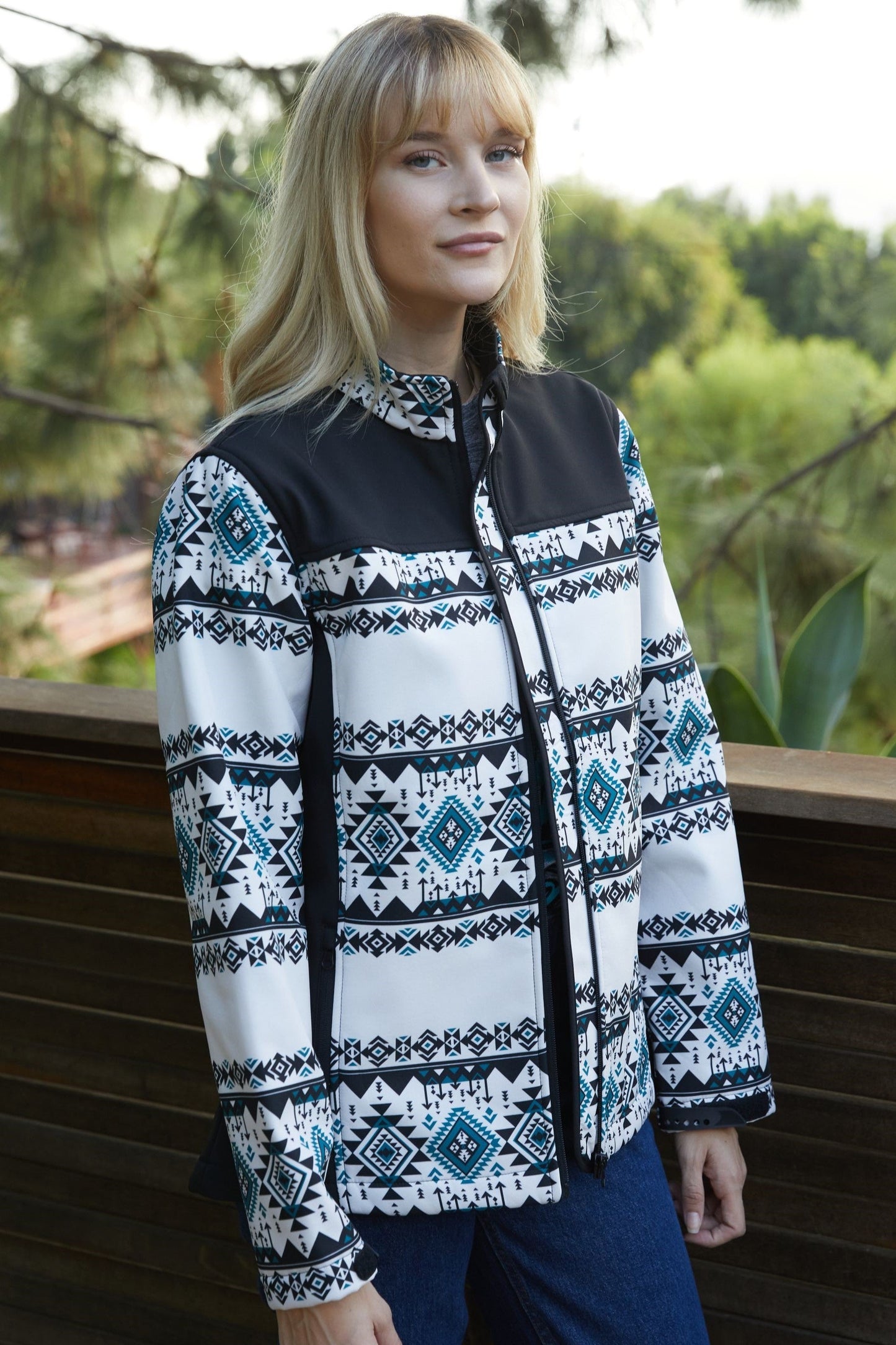 Ladies Softshell Water-Resistant Black And White Western Wear Jacket