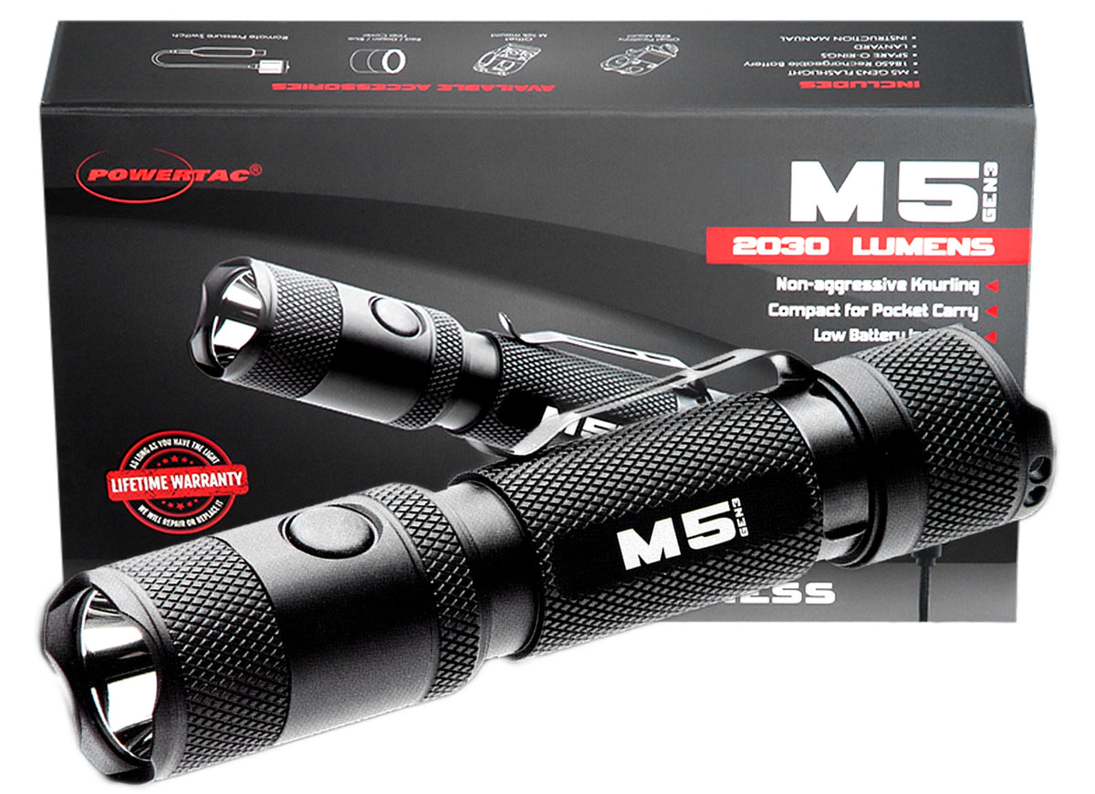 PowerTac M5 Gen3 2,030 Lumen EDC Flashlight Power Bundle