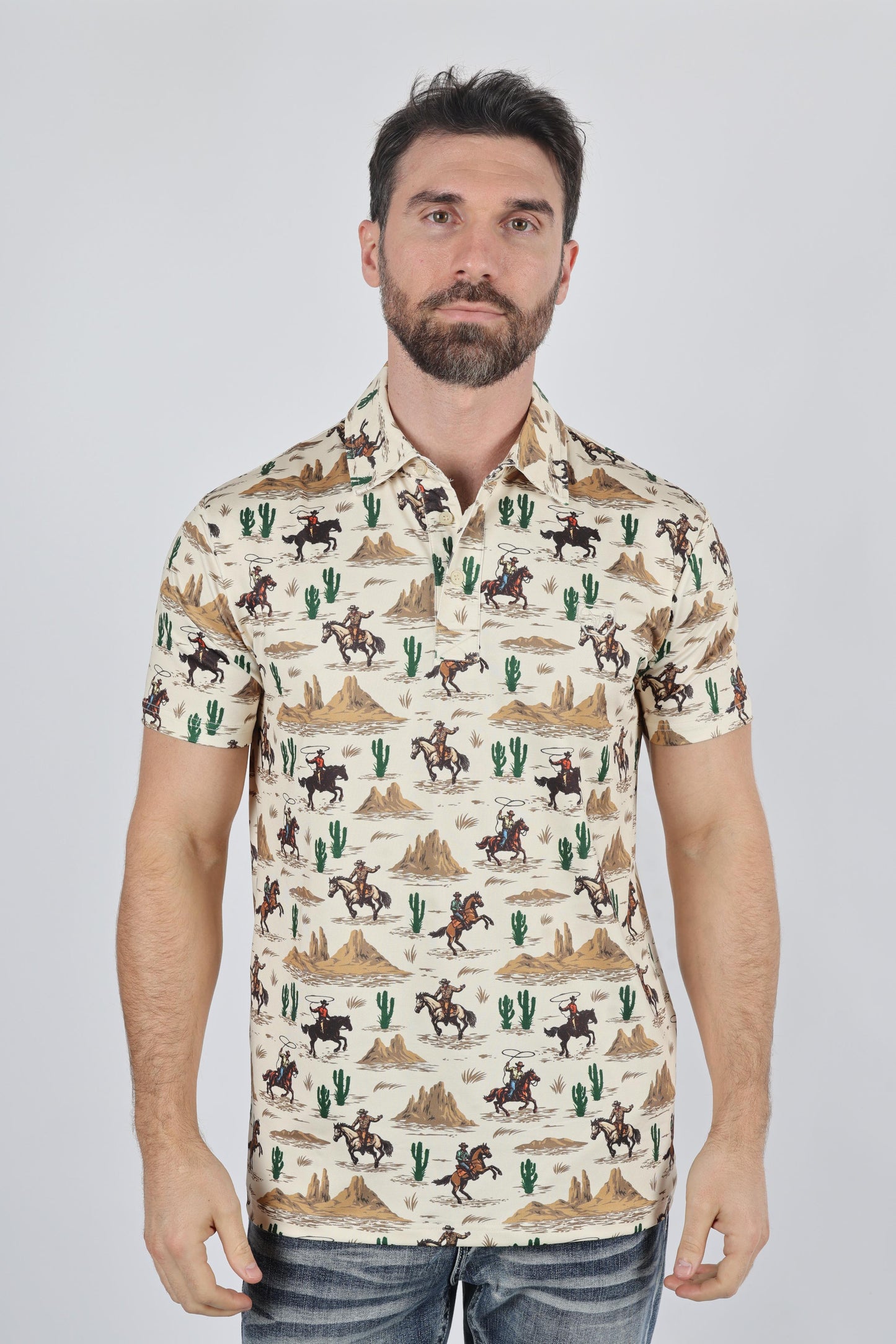 Cactus Print Cotton/Spandex Lightweight Polo