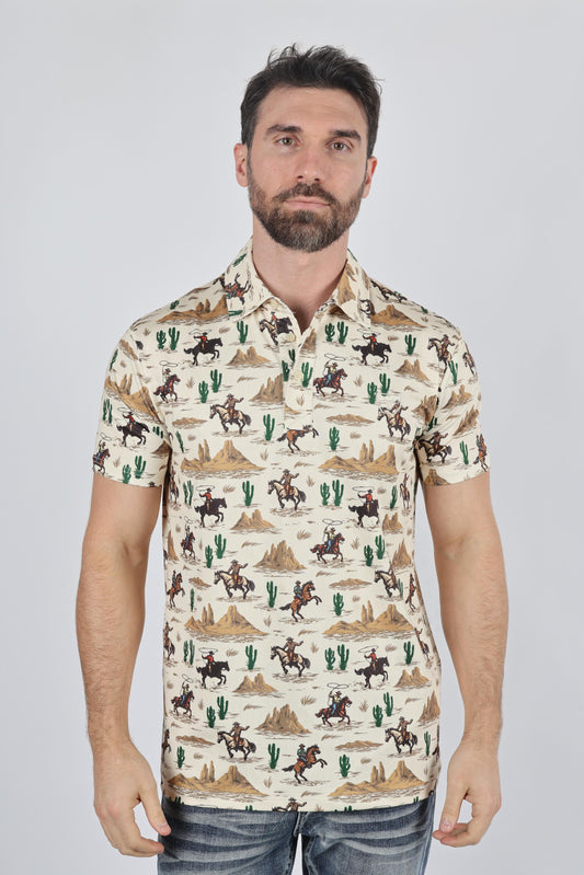 Cactus Print Cotton/Spandex Lightweight Polo