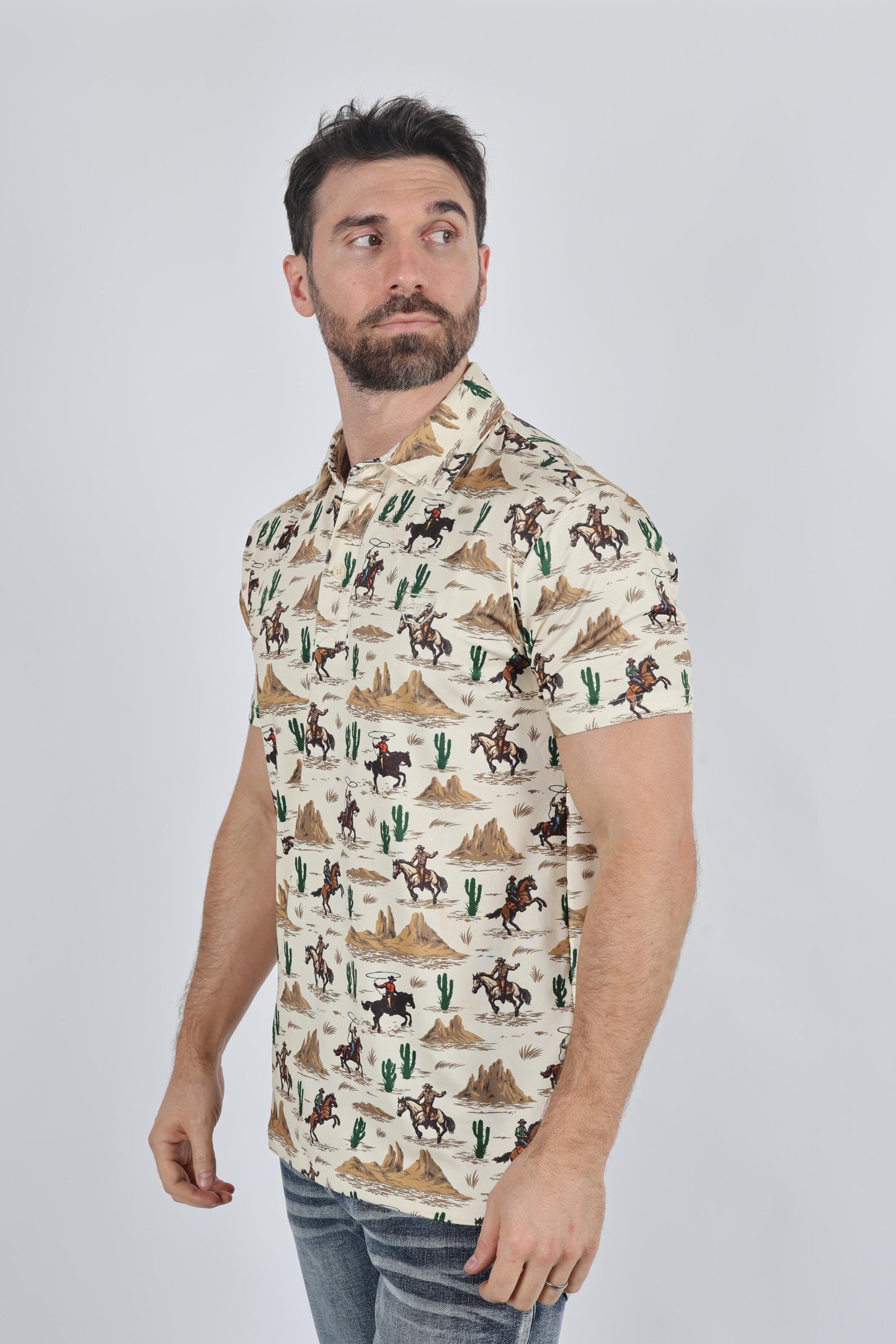 Cactus Print Cotton/Spandex Lightweight Polo