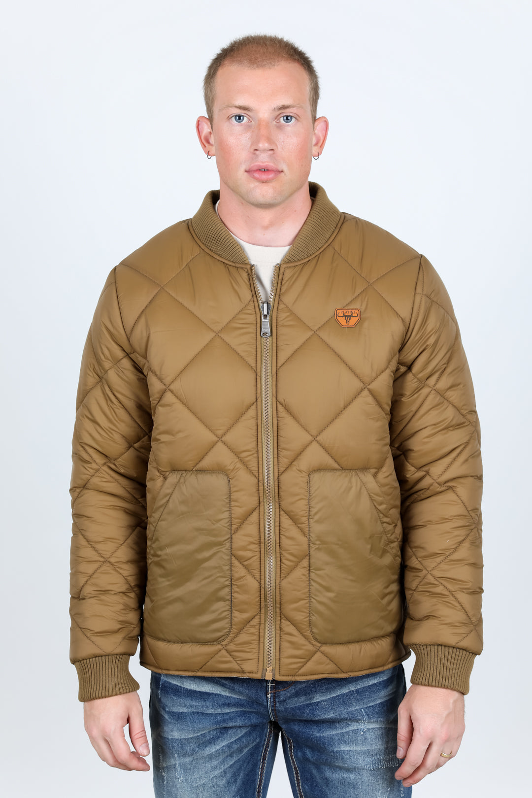 Mens Insulated Reversible Jacket - Beige Outer Cream Aztec Blue Red Inside