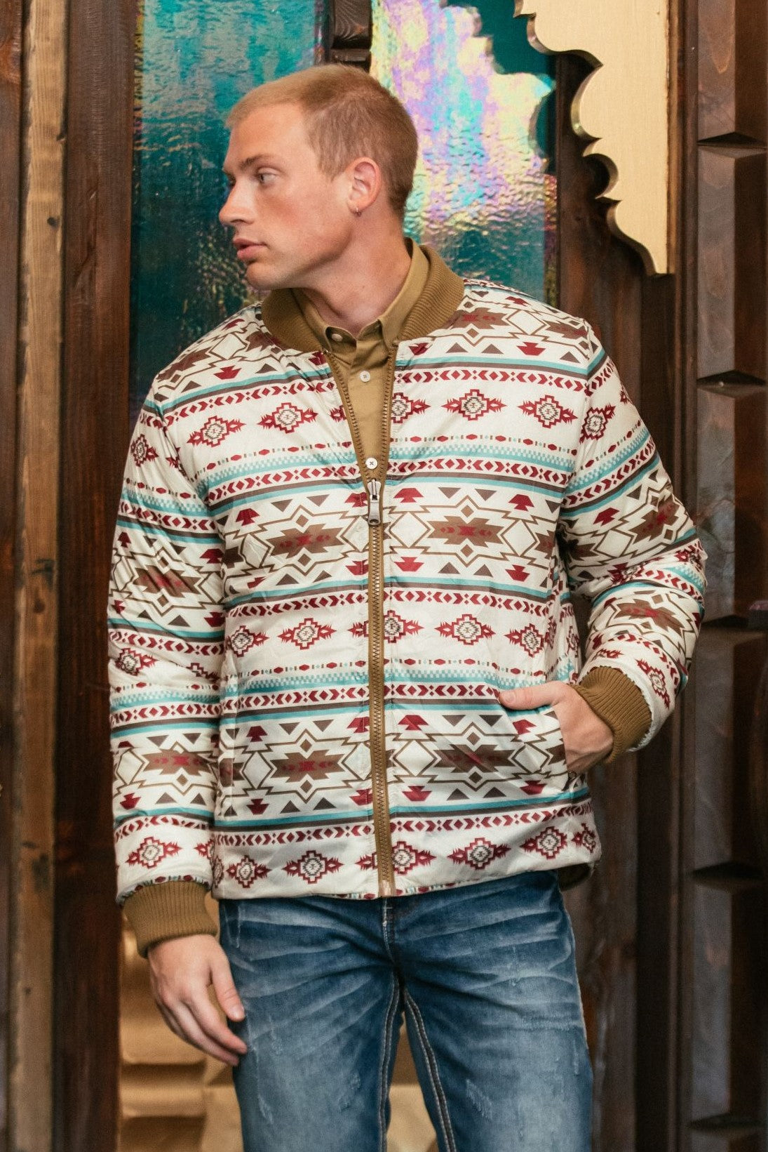 Mens Insulated Reversible Jacket - Beige Outer Cream Aztec Blue Red Inside