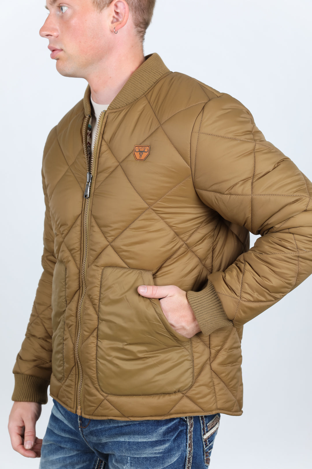 Mens Insulated Reversible Jacket - Beige Outer Cream Aztec Blue Red Inside