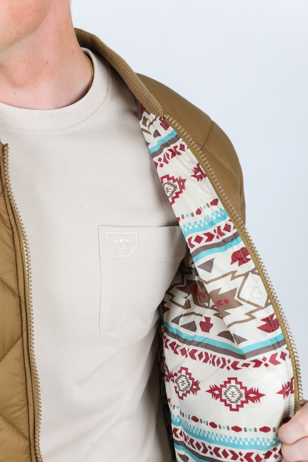 Mens Insulated Reversible Jacket - Beige Outer Cream Aztec Blue Red Inside