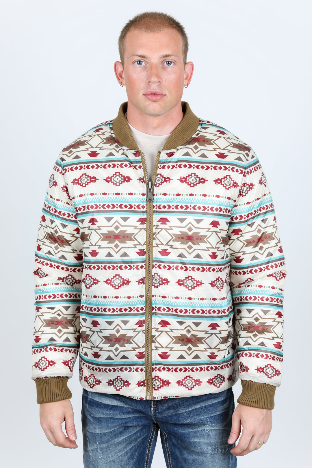 Mens Insulated Reversible Jacket - Beige Outer Cream Aztec Blue Red Inside