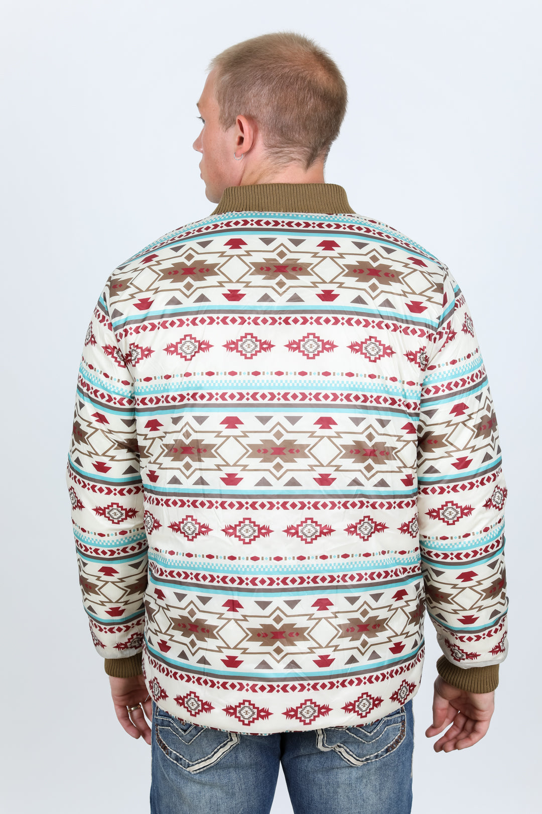 Mens Insulated Reversible Jacket - Beige Outer Cream Aztec Blue Red Inside