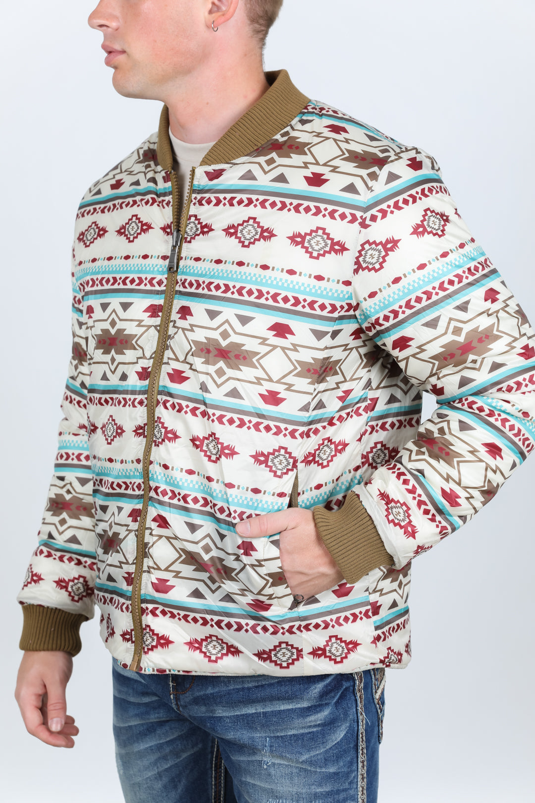 Mens Insulated Reversible Jacket - Beige Outer Cream Aztec Blue Red Inside
