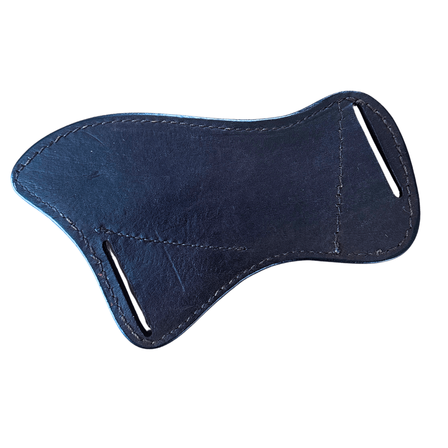 A dark navy blue leather saddle pad with visible stitching and two metal eyelets, shown on a plain white background.