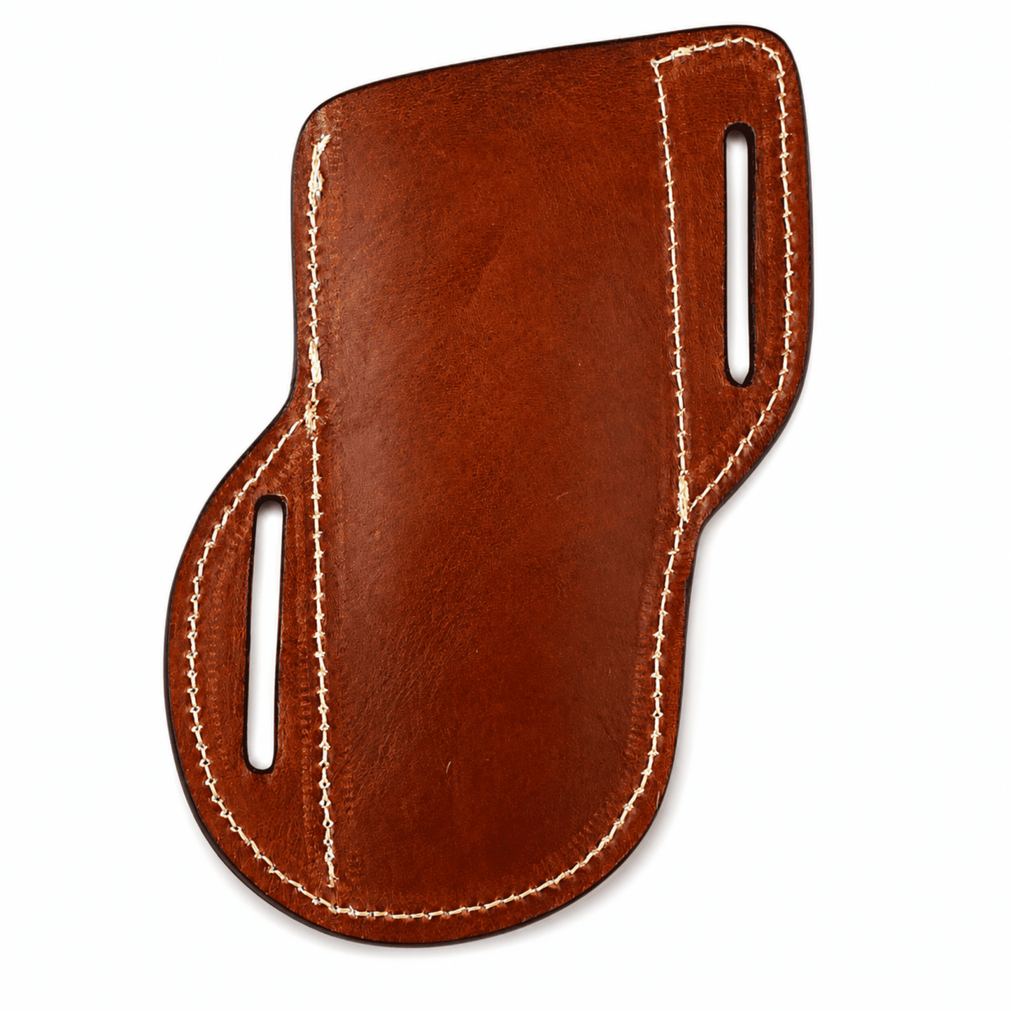 A brown leather knife holster with light tan contrast stitching and two cutout slots, shown on a plain white background.