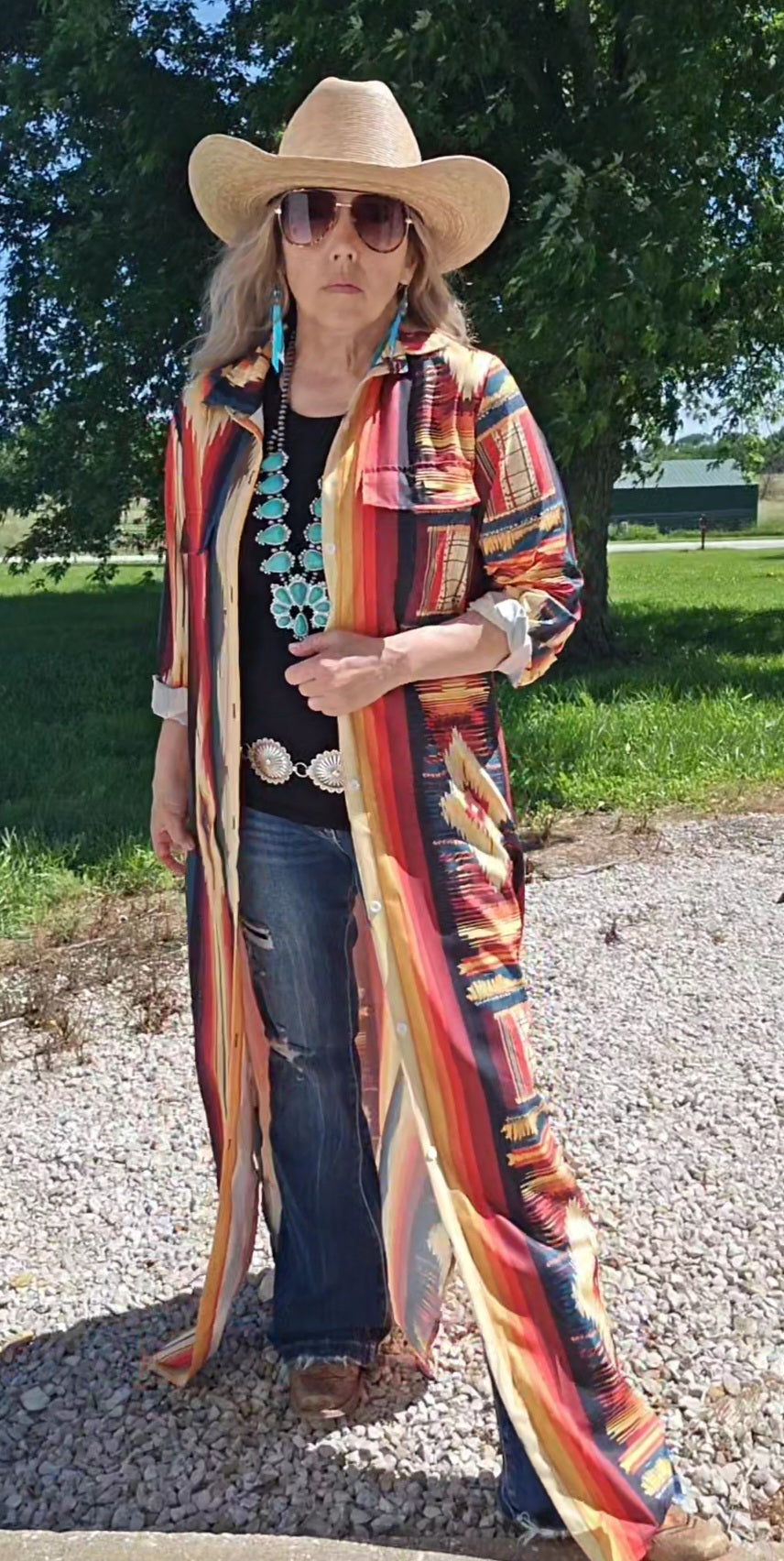 Baha Ranch Western Wear Southwestern Aztec Long Shirt Dress Duster