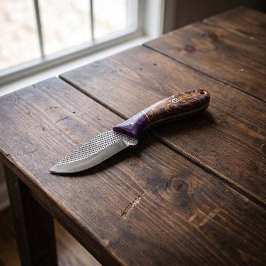 Titan "Violet Burl" Skinner Knife – High Carbon RASP Steel, Burl Wood & Purple Resin Handle, Leather Sheath