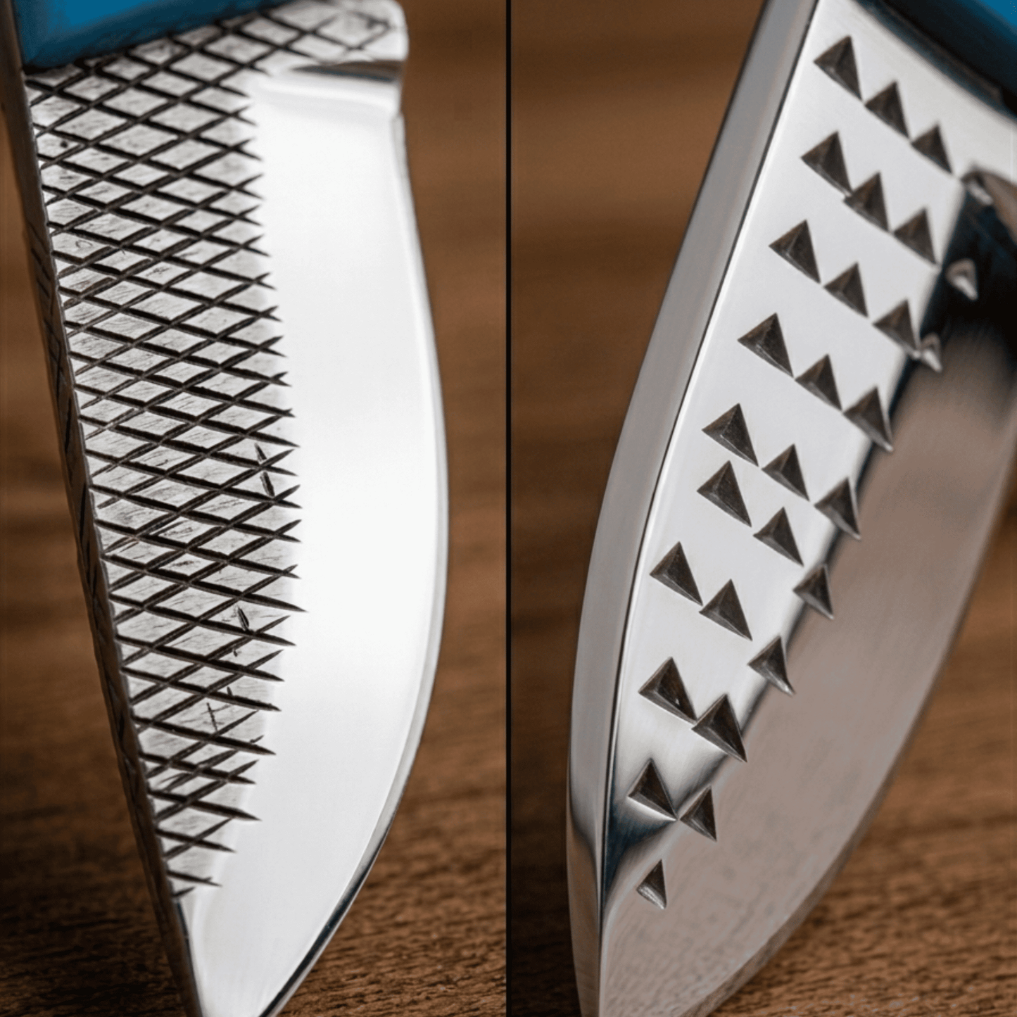 Close-up of a polished rasp steel knife blade with a diamond-patterned cutting edge on the left and a row of triangular serrations on the right, shown against a warm wood background.