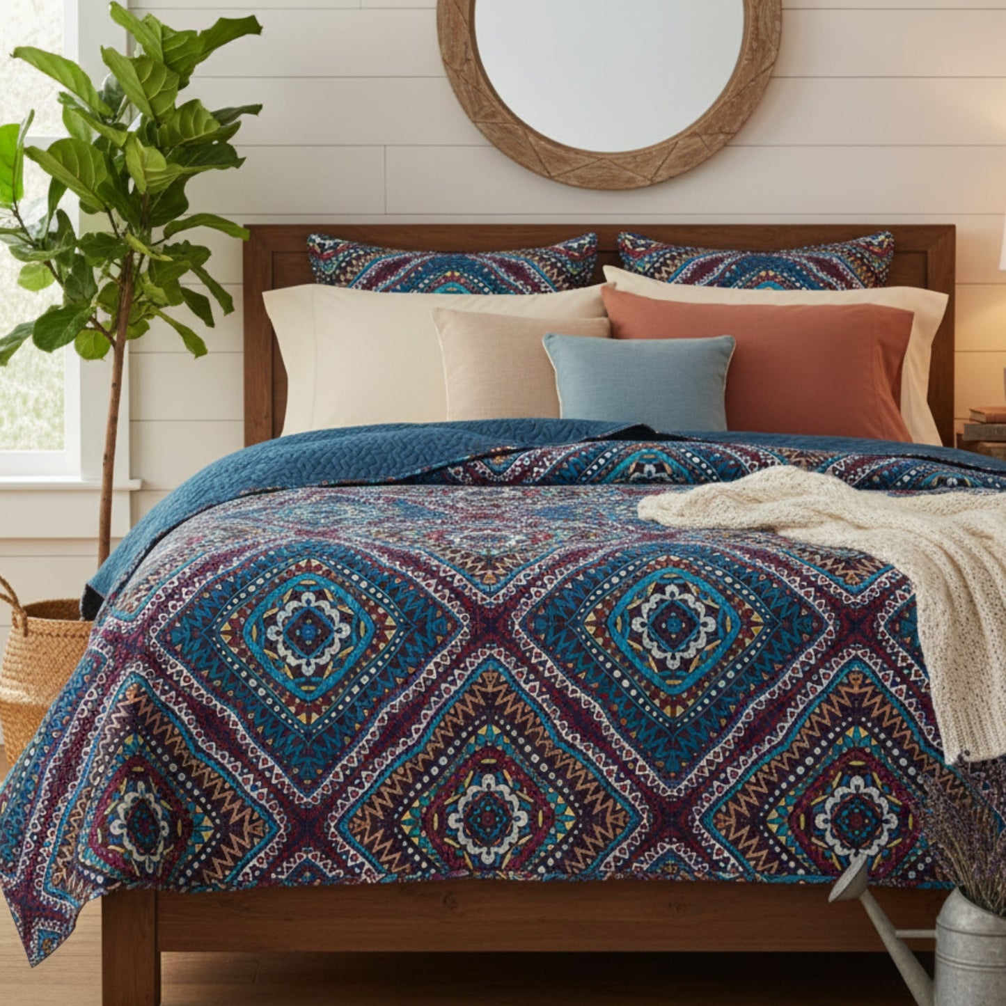 Farmhouse Bohemian Native Rustic Navy Blue Geometric Diamond Shapes Bedspread Set