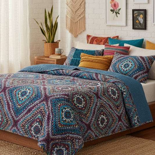 Farmhouse Bohemian Native Rustic Navy Blue Geometric Diamond Shapes Bedspread Set