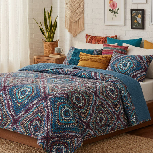Farmhouse Bohemian Native Rustic Navy Blue Geometric Diamond Shapes Bedspread Set