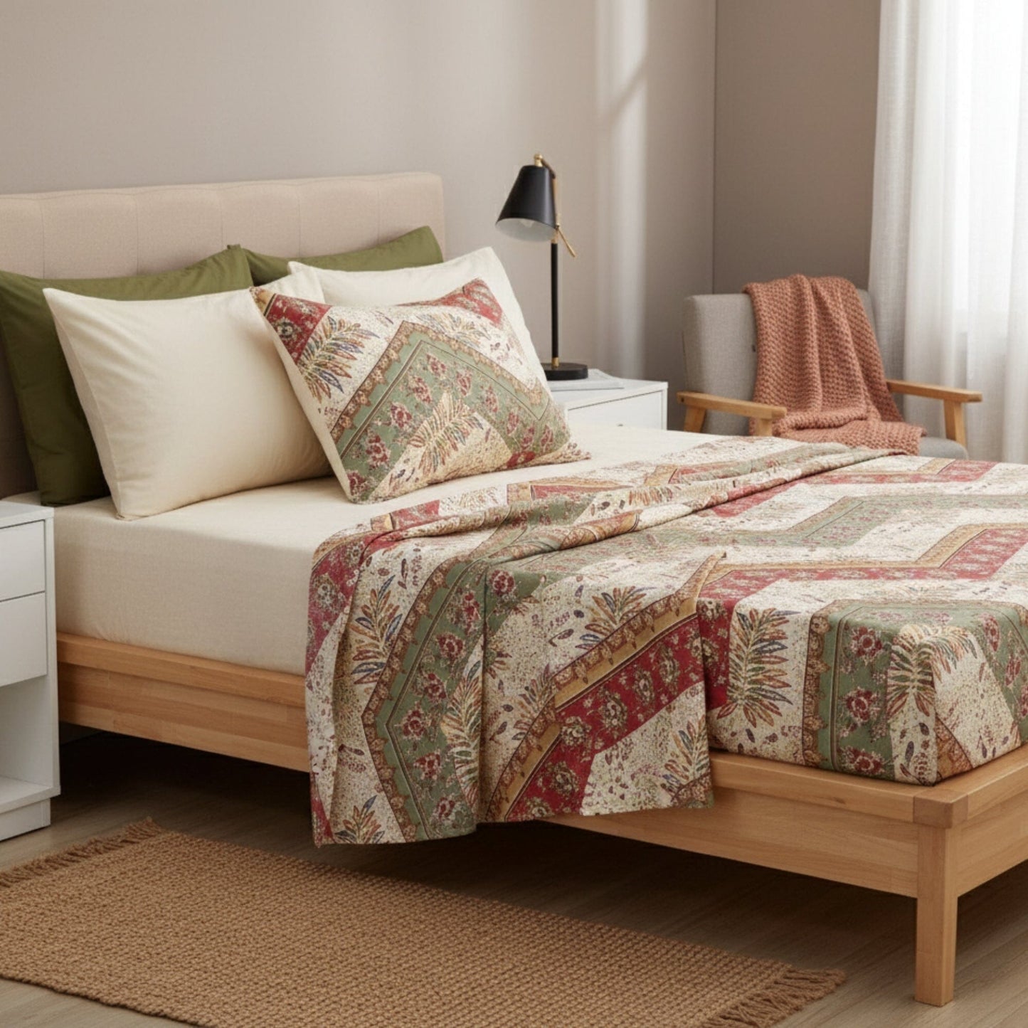Botanical Cranberry Sage Chevron Floral Flat Bed Sheet w/ Pillowcases
