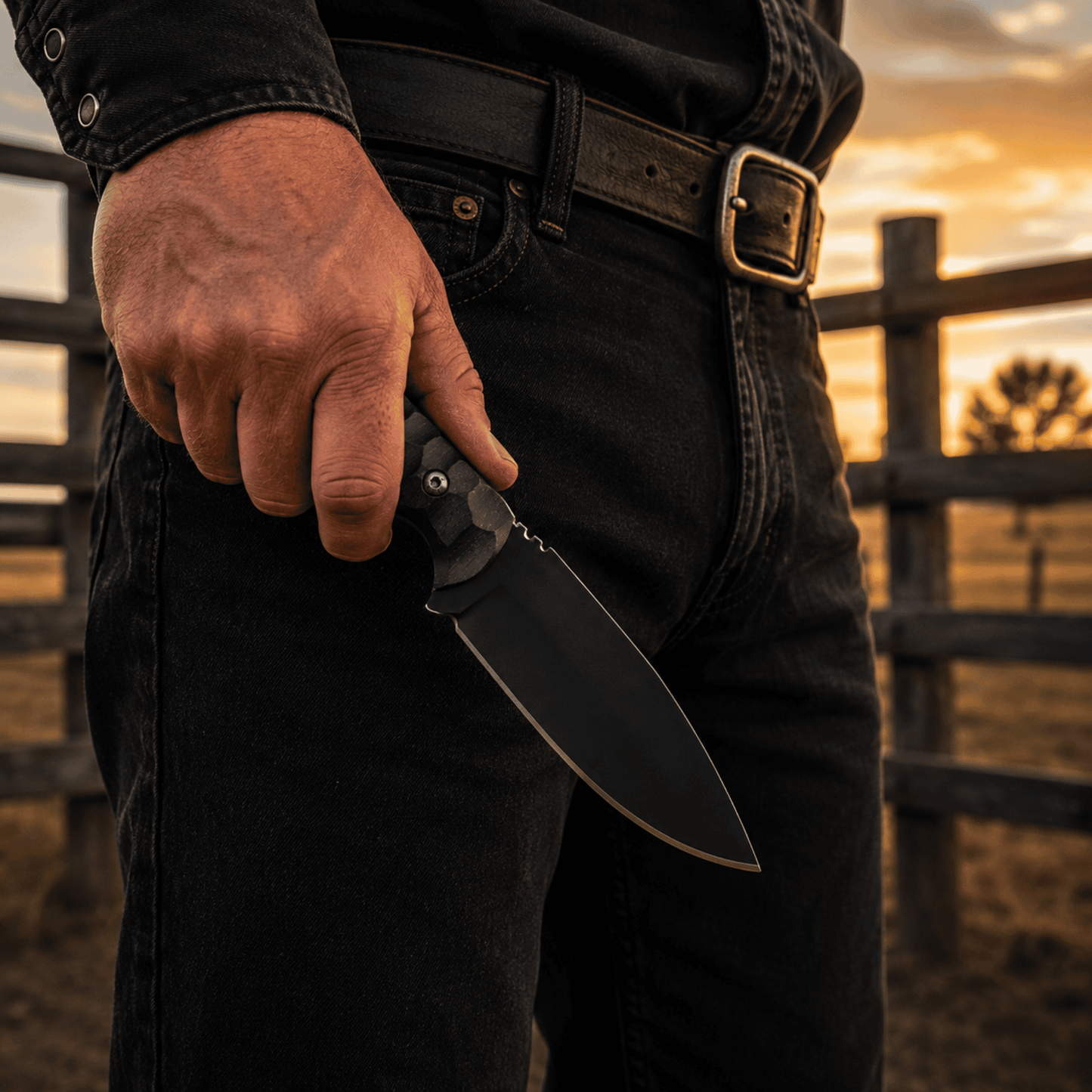 Midnight Rider D2 Ranch Knife | Handmade Black Powder-Coated Fixed Blade with Leather Sheath