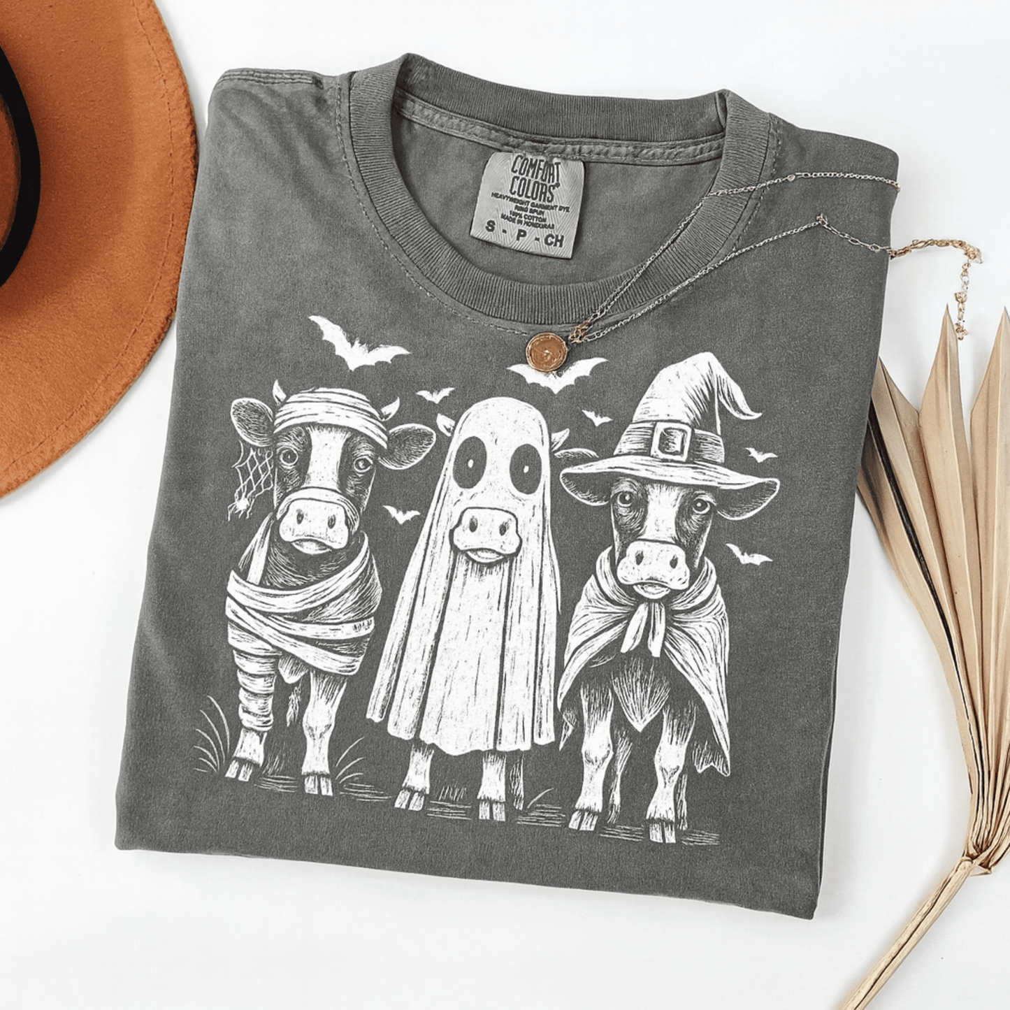 Womens Halloween Cows T Shirt Cotton Graphic Print Tee Soft Fall Theme Tee Relaxed Fit Mummy Cow Cattle Witch Hat Pumpkin Ghost Spooky Cute