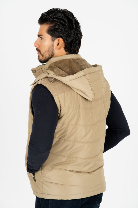 Khaki Padded Hooded Vest w/ Faux Fur Lining