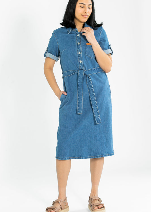 Inherit Co Ada Denim Midi Dress Denim Wash Belt Buttons Knee Length
