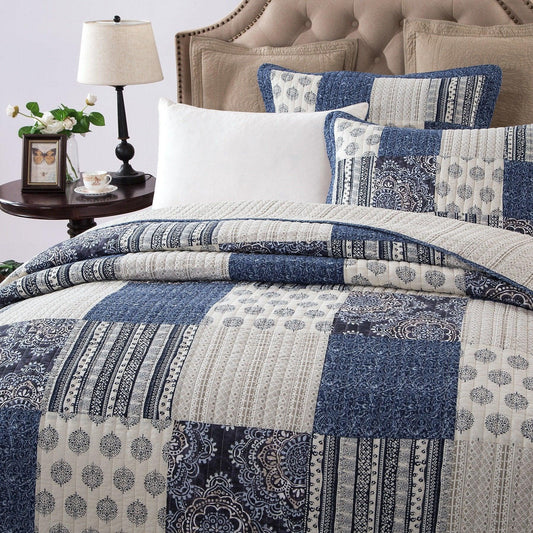 Farmhouse Patchwork Blue Cotton Bedspread Set