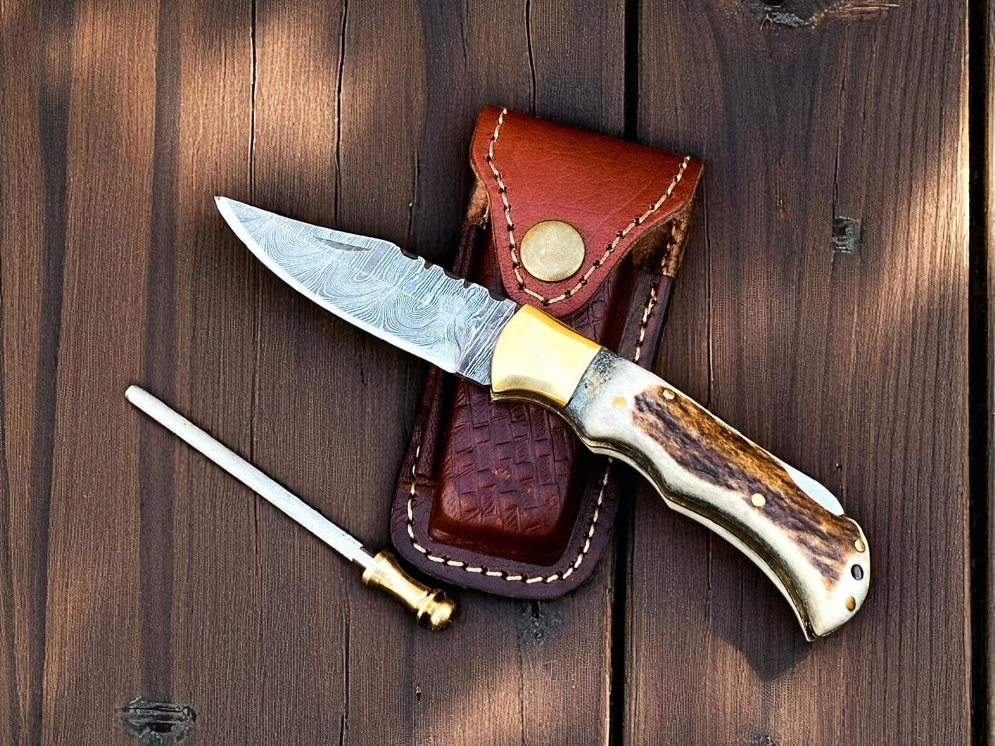 cowboy Pocket Knife | Antler Horn Handle with damascus blade - Bumpkin Ranchwear