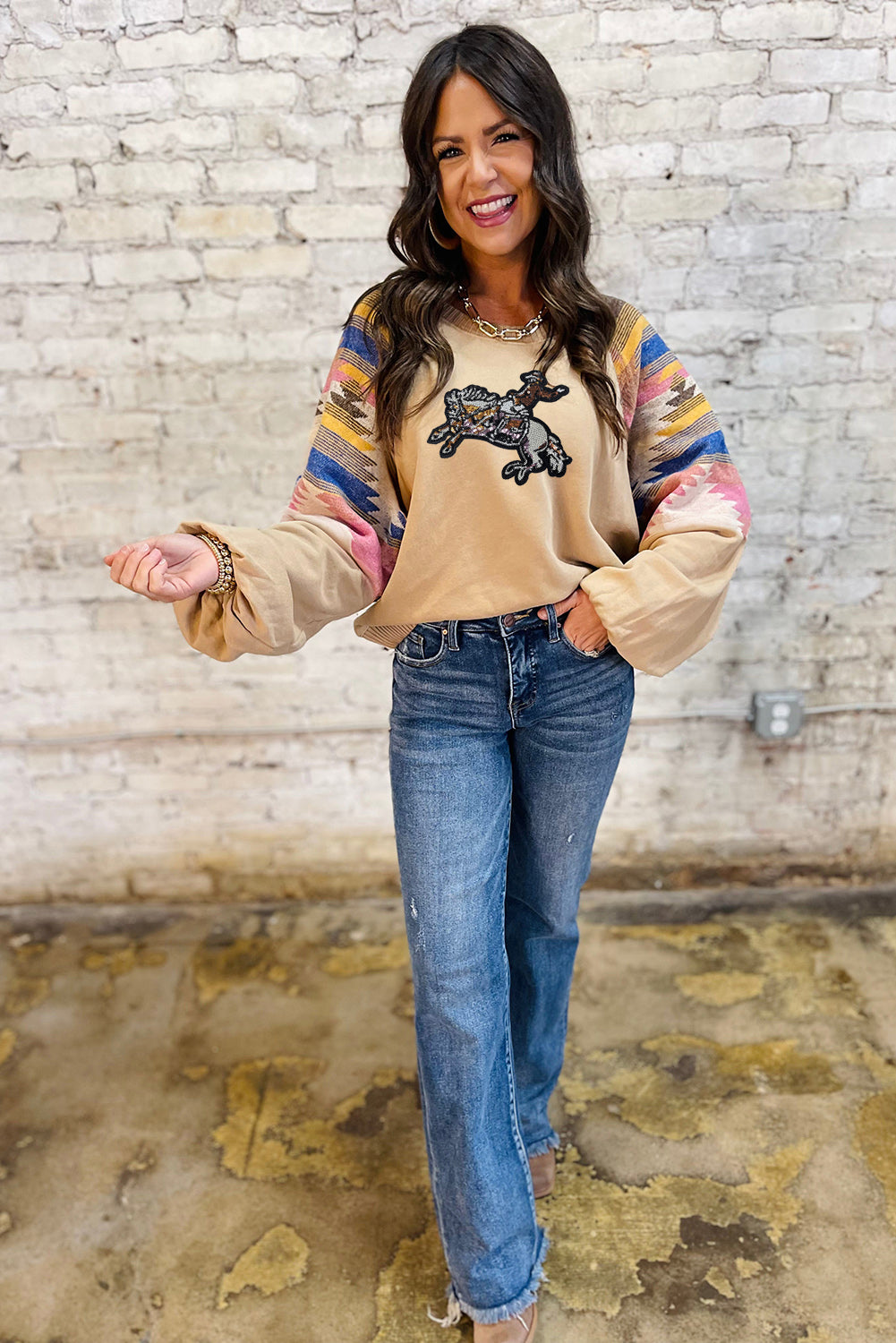 Beige Rodeo Sequins Patch Graphic Fashion Sweatshirt