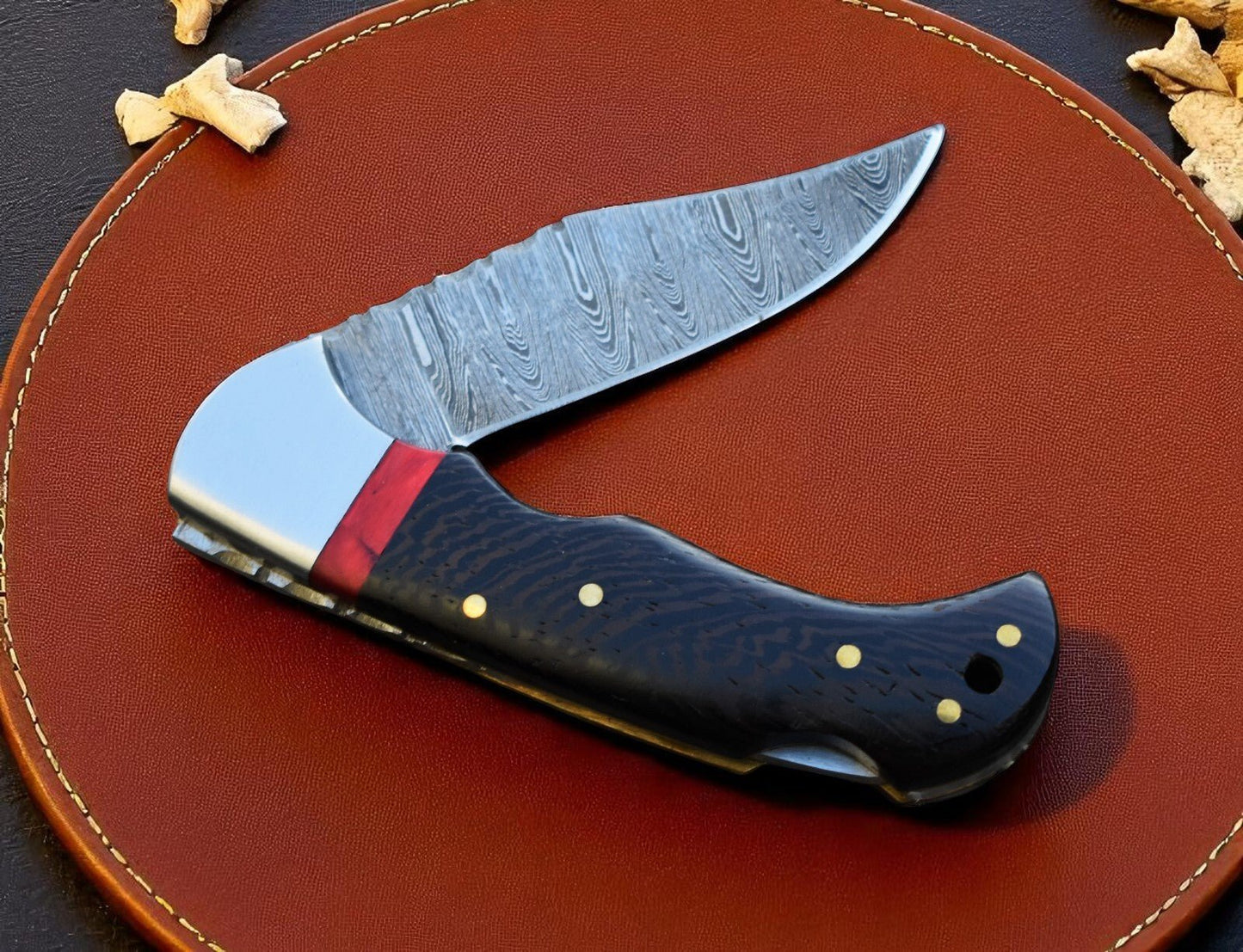 Folding Hunting Knife – Damascus Blade Wangi Wood - Bumpkin Ranchwear