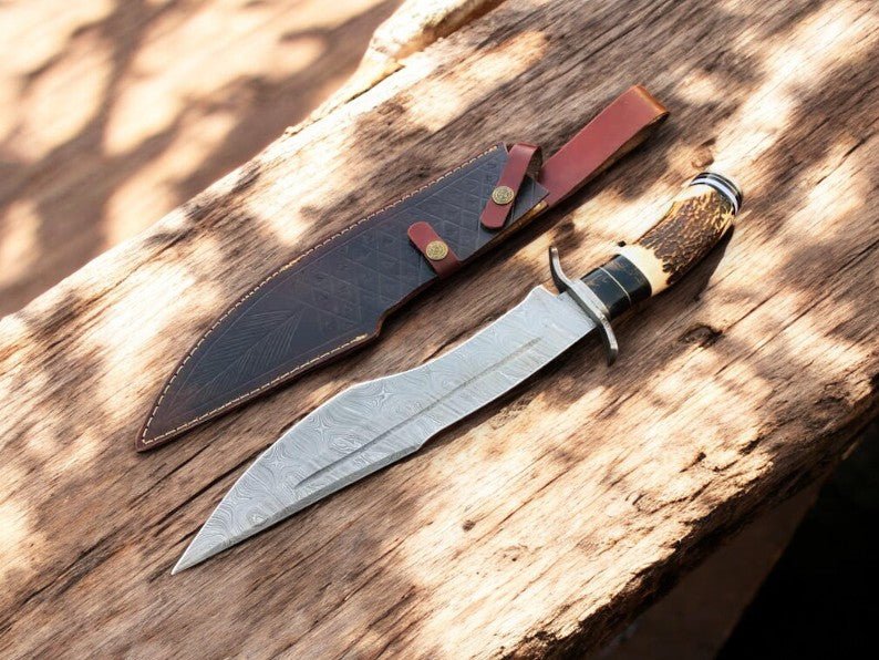 Handmade Damascus Bowie Knife with Antler Horn Handle - Bumpkin Ranchwear