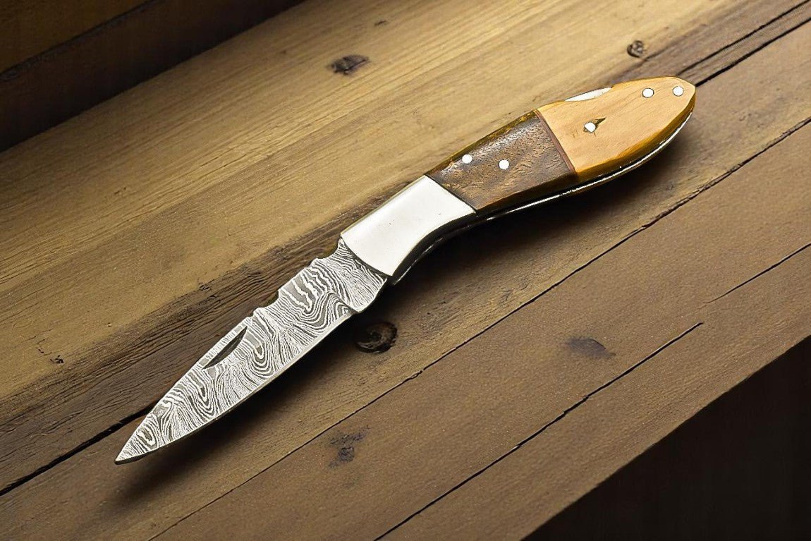 Handmade Damascus Folding Knife with Walnut Handle - Bumpkin Ranchwear