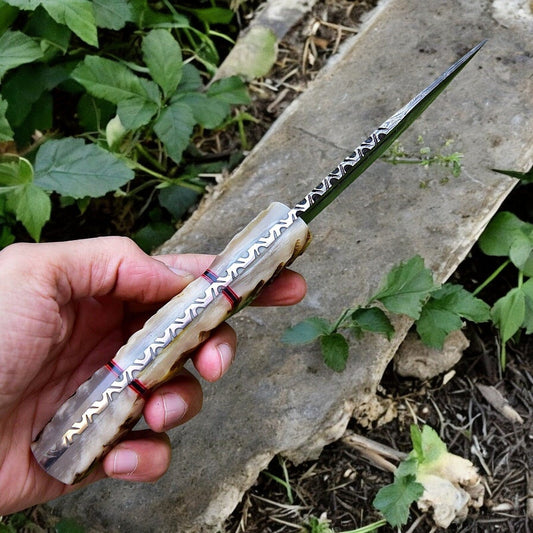 Handmade Damascus Hunting Knife with Sheep Horn Handle - Bumpkin Ranchwear