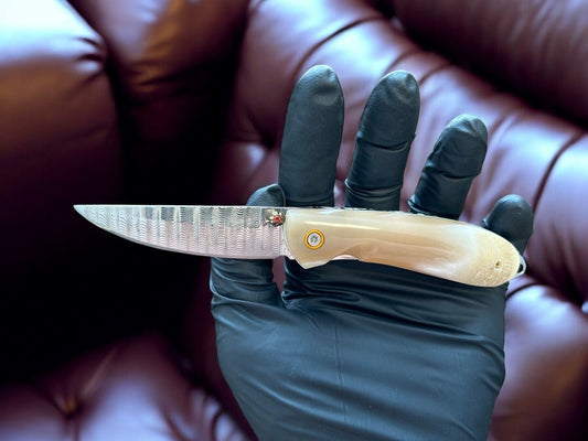 Handmade Damascus Steel Pocket Knife with Bone Handle - Bumpkin Ranchwear