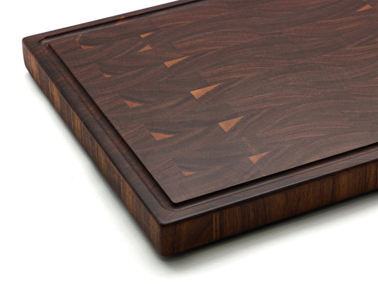 Handmade End Grain Walnut Cutting Board with Juice Groove, Butcher Block with Rubber Feet, Up to 2” Thick, USA Made