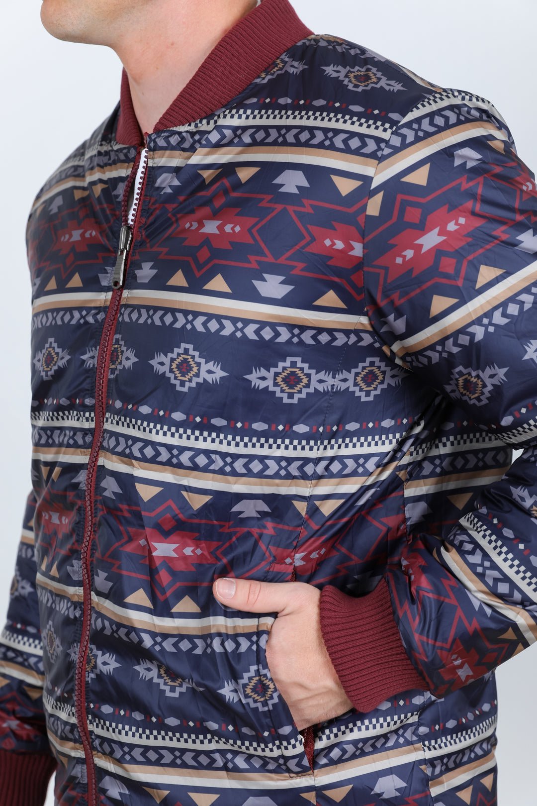 Insulated Reversible Jacket - Crimson Blue Aztec Tribal Cowboy Western Wear - Bumpkin Ranchwear