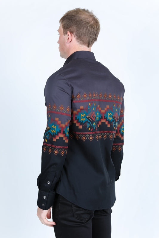 Panoramic Aztec Print Long Sleeve Shirt - Black