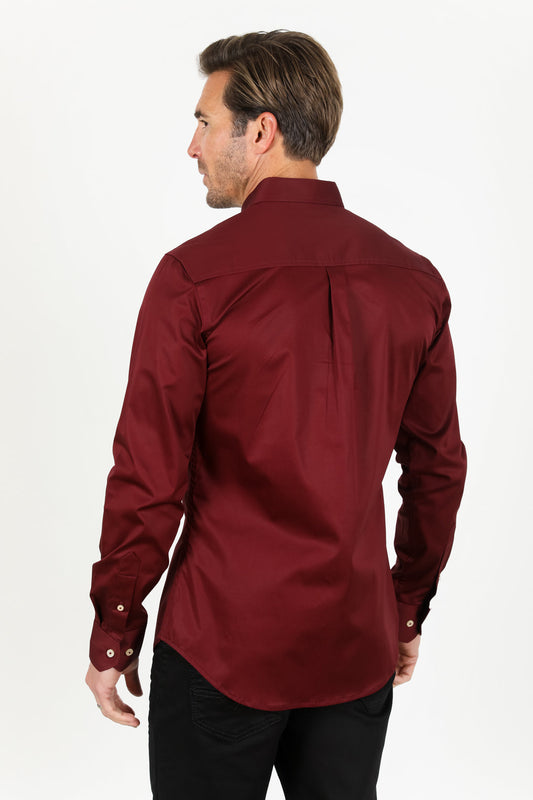 Single Pocket Logo Modern Fit Stretch Dress Shirt - Burgundy