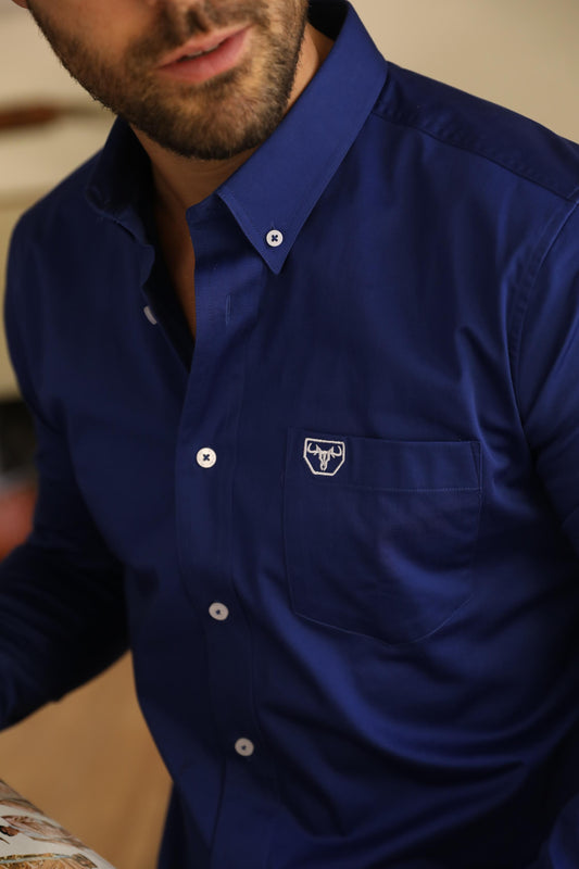 Single Pocket Logo Modern Fit Stretch Dress Shirt - Royal Blue