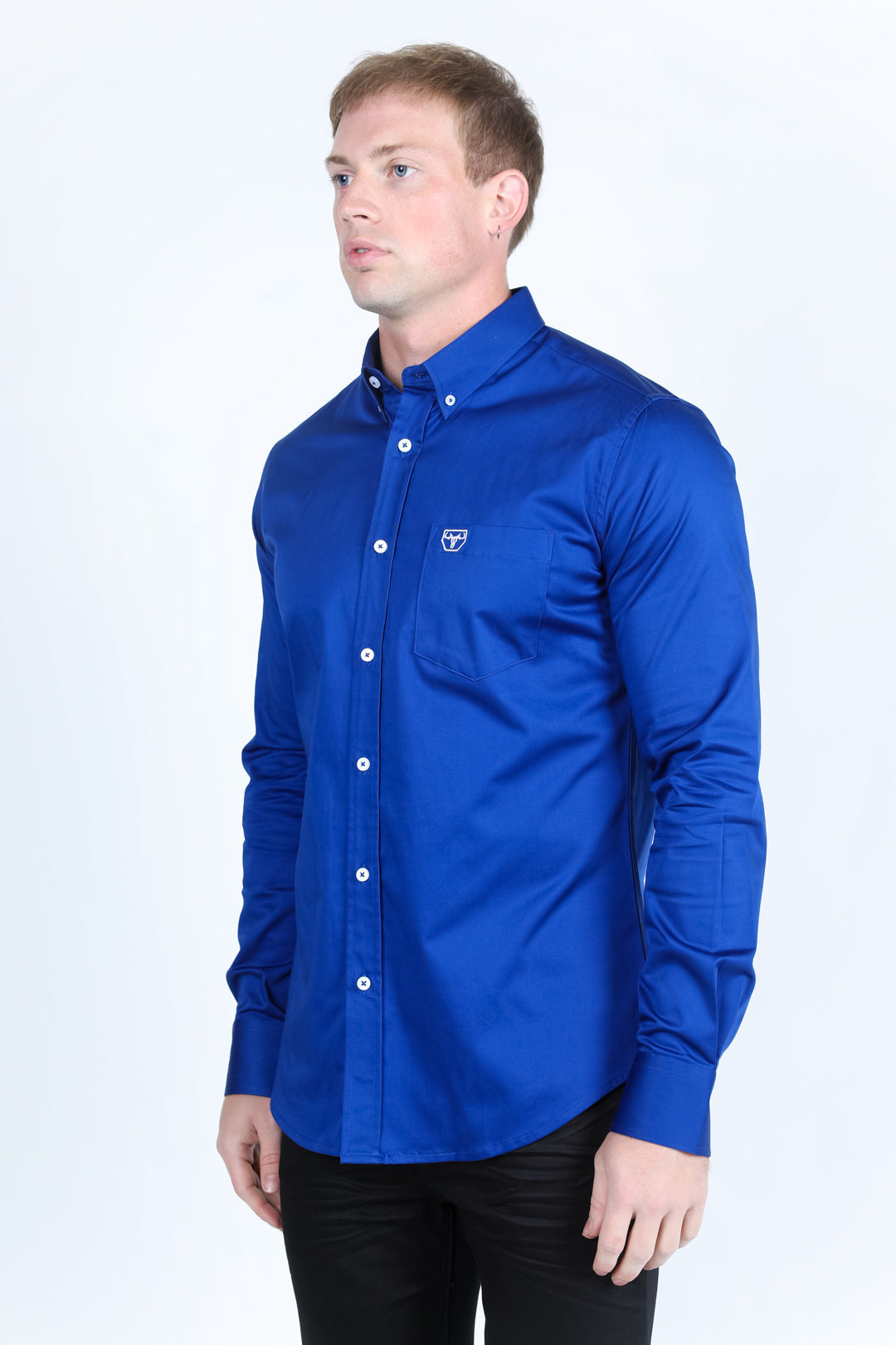 Single Pocket Logo Modern Fit Stretch Dress Shirt - Royal Blue