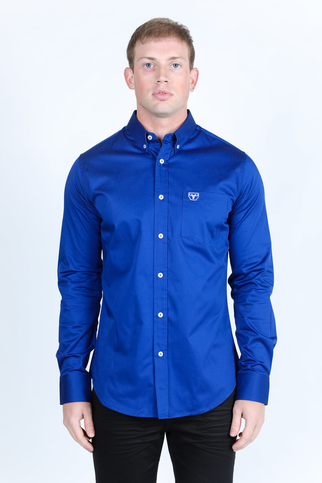 Single Pocket Logo Modern Fit Stretch Dress Shirt - Royal Blue